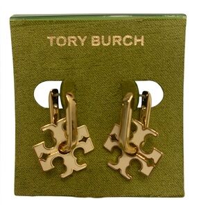 Tory Burch Gold and White Logo Huggie Earrings